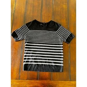Talbots XS Black White Striped Sweater Top Back Button Short Sleeve Knit